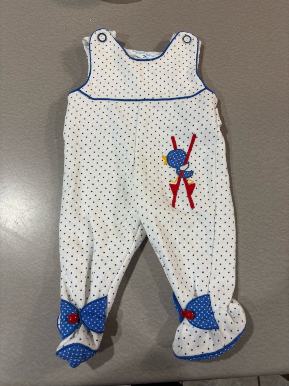 Vintage 3-6 months Polka Dot Baby Footed Romper with Blue Trim and Red Accent